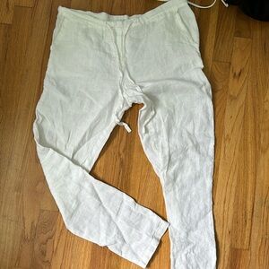 dolma white linen pants, slight skinny leg, lightly worn